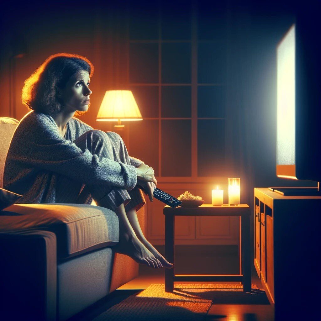 DALL·E 2024-05-08 23.53.00 - A highly photorealistic image of a woman struggling with restless leg syndrome while watching TV at night. She looks very uncomfortable, sitting on a 